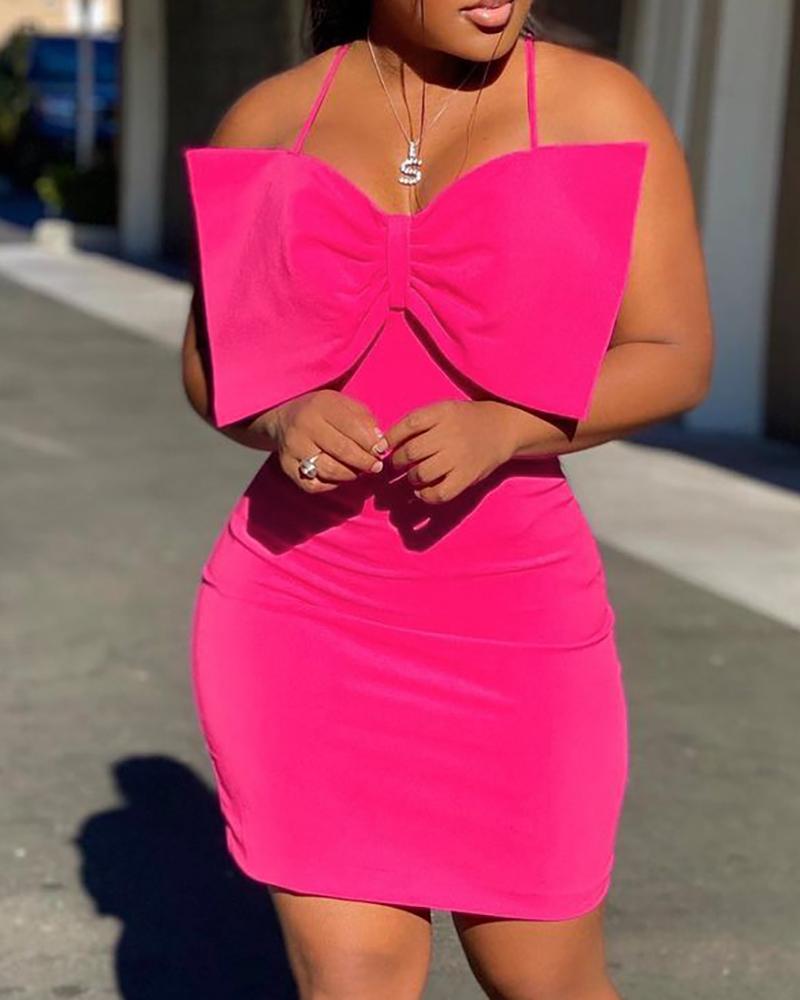 

Spaghetti Strap Plain Bowknot Design Bodycon Dress, Hot pink