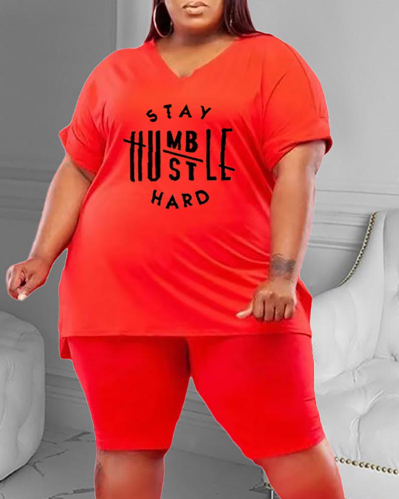 

Plus Size Letter Print Short Sleeve Top & Shorts Set, Red