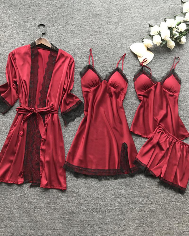 

4PCS Satin Plain Lace Trim Sleepwear Set, Wine red