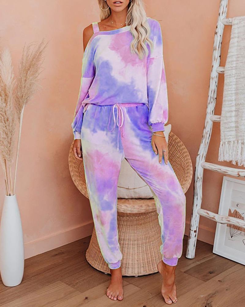 

One Shoulder Tie Dye Print Pajamas Set, Dark blue