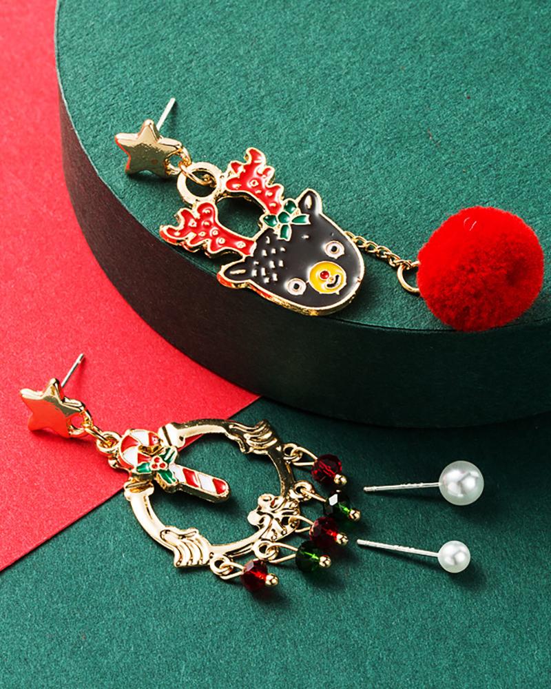 

2Pairs Christmas Cartoon Pattern Pom Pom & Beaded Drop Earring, Multicolor