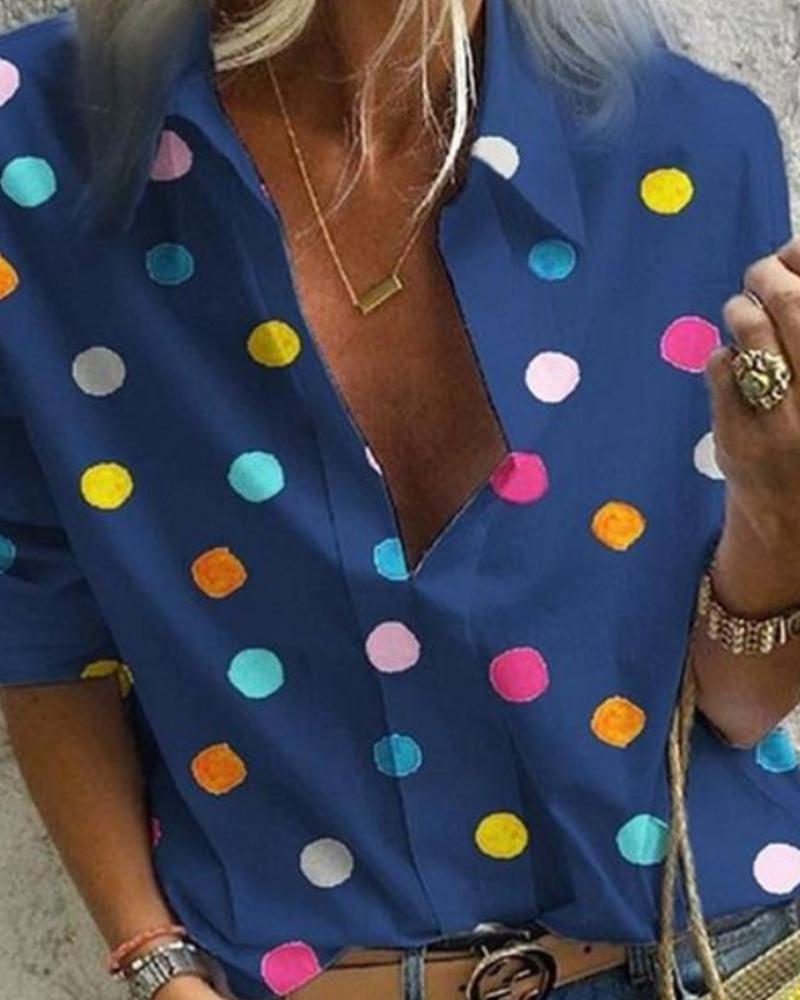 

Multicolor Dot Long Sleeve Button-up Women Blouse, Blue