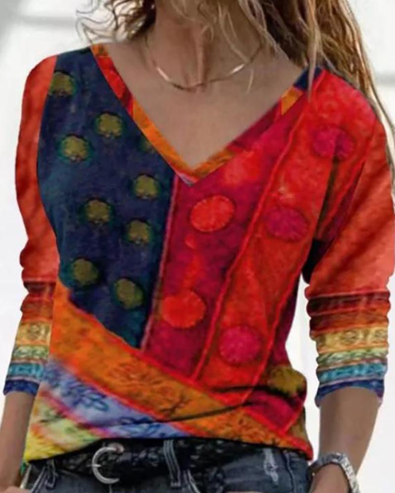 

V Neck Colorblock Long Sleeve Abstract Print Top, Red