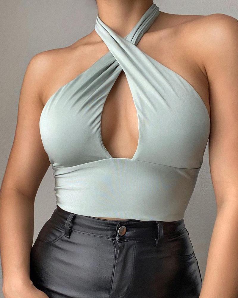 

Solid Color Halter Sleeveless Skinny Cropped Top, Green