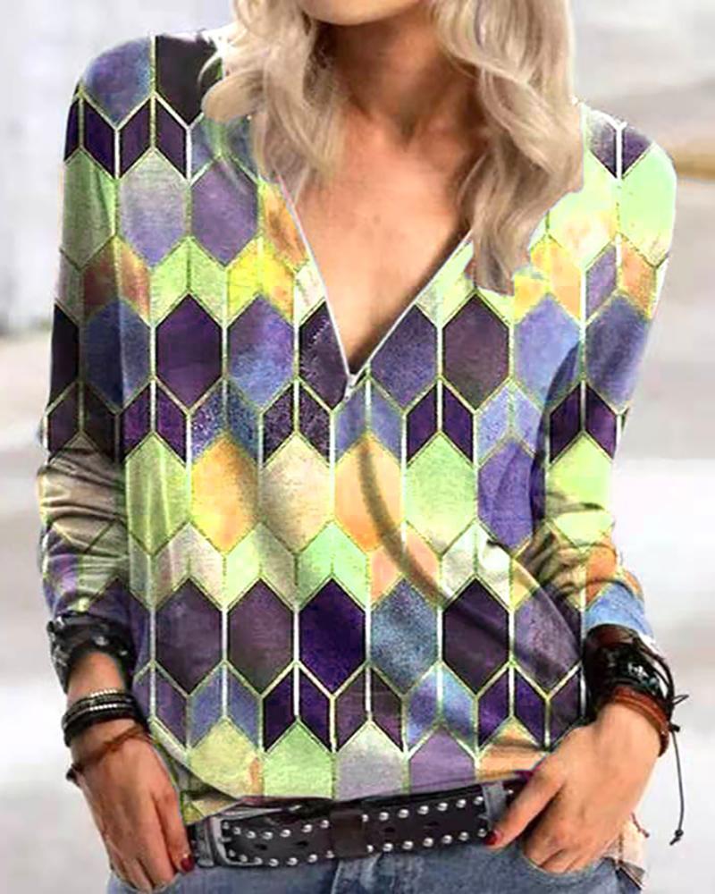 

Zipper Design Abstract Print Long Sleeve Top, Yellow
