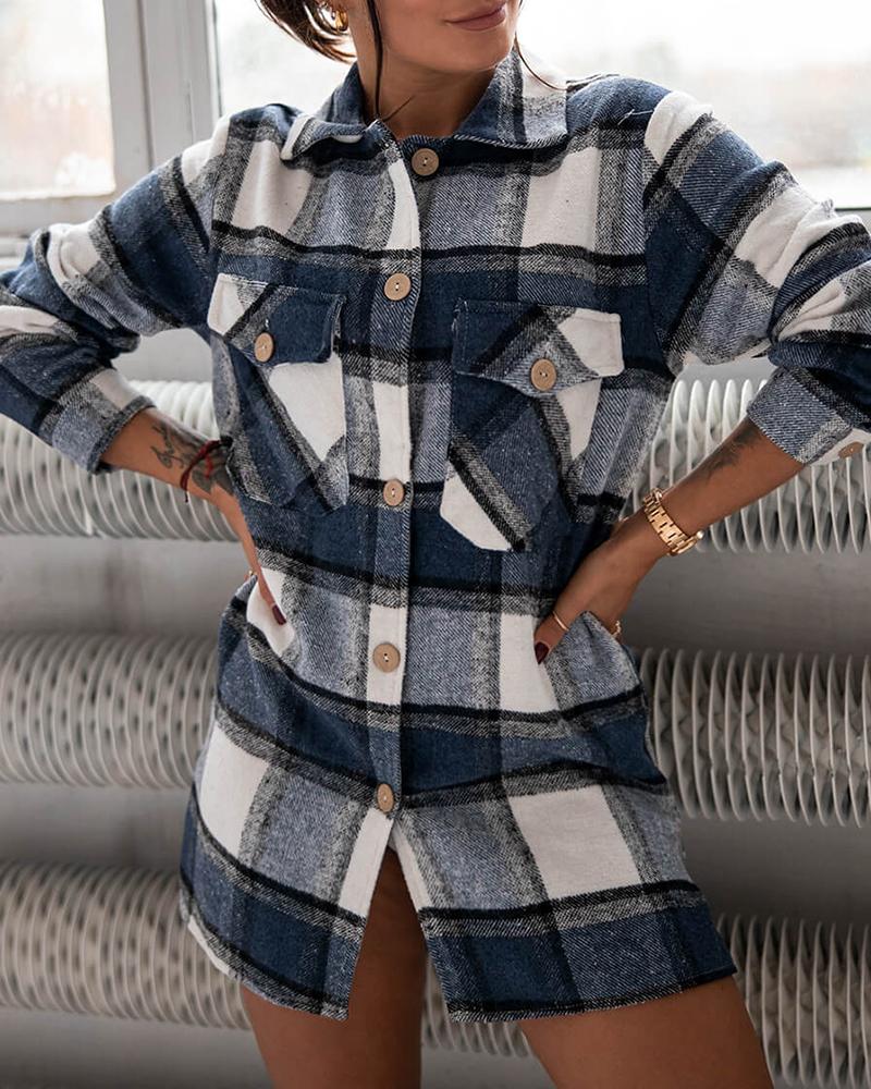 

Plaid Pocket Button Design Long Sleeve Shirt, Blue
