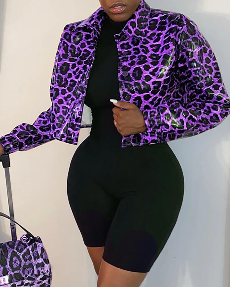 

Cheetah Print Long Sleeve PU Jacket, Purple