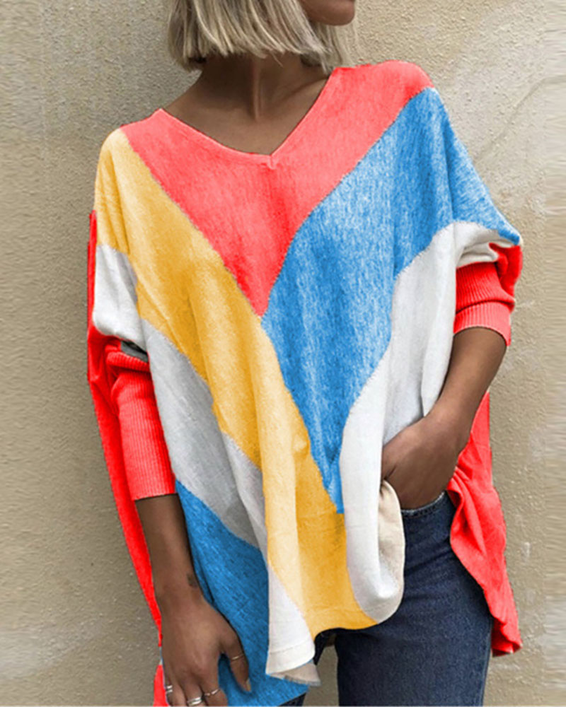 

Colorblock Long Sleeve Casual Top, Red