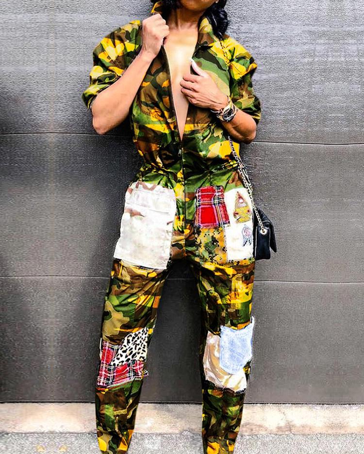 

Camo Print Zipper Design Jumpsuits, Yellow