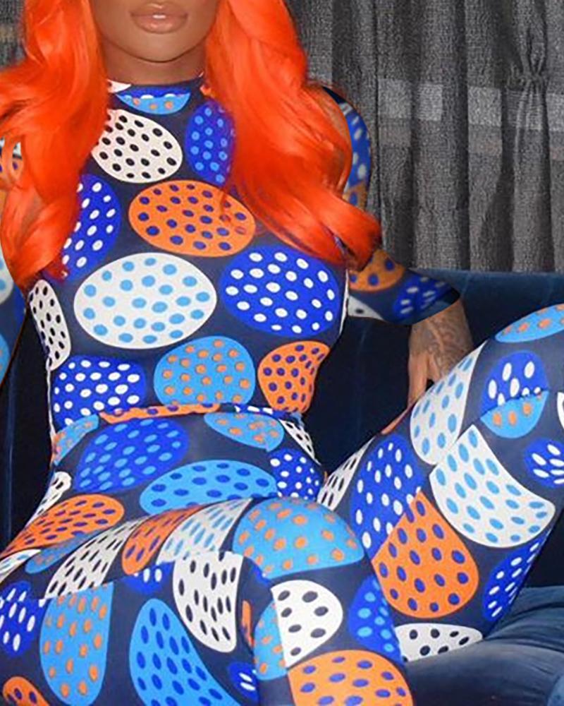 

Polka Dot Print Long Sleeve Skinny Jumpsuit, Blue