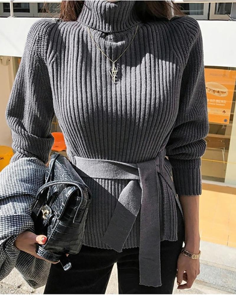 

Plain High Neck Long Sleeve Sweater, Gray