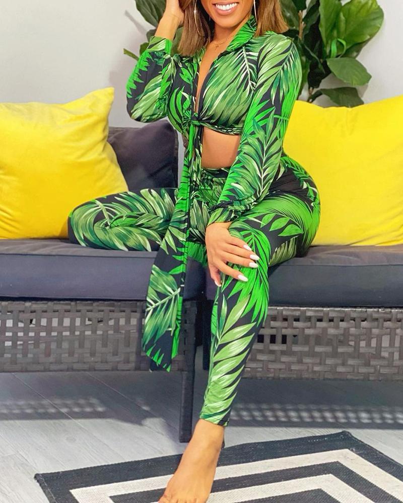 

Palm Leaf Print Knotted Crop Top & Pants Set, Green