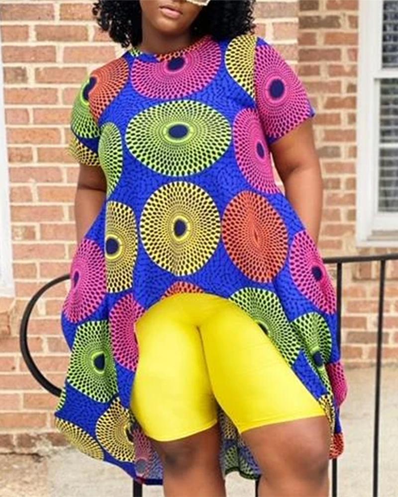 

Print Short Sleeve Dip Hem Blouse, Blue