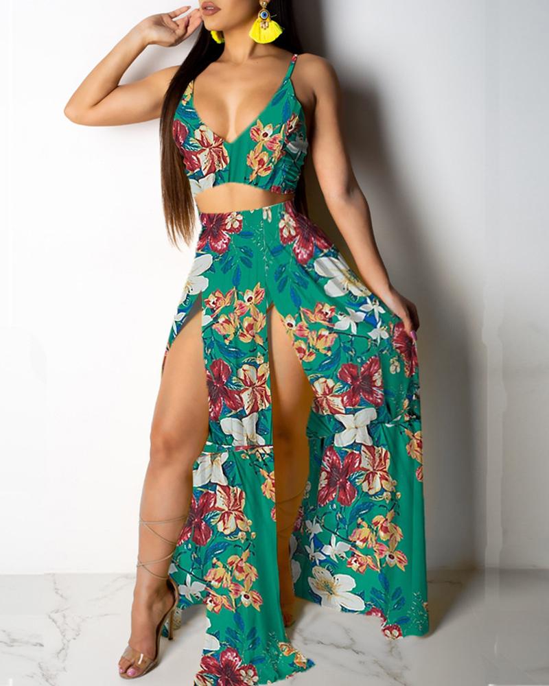 

Tropical Print Cami Top & Thigh Slit Skirt Sets, Green