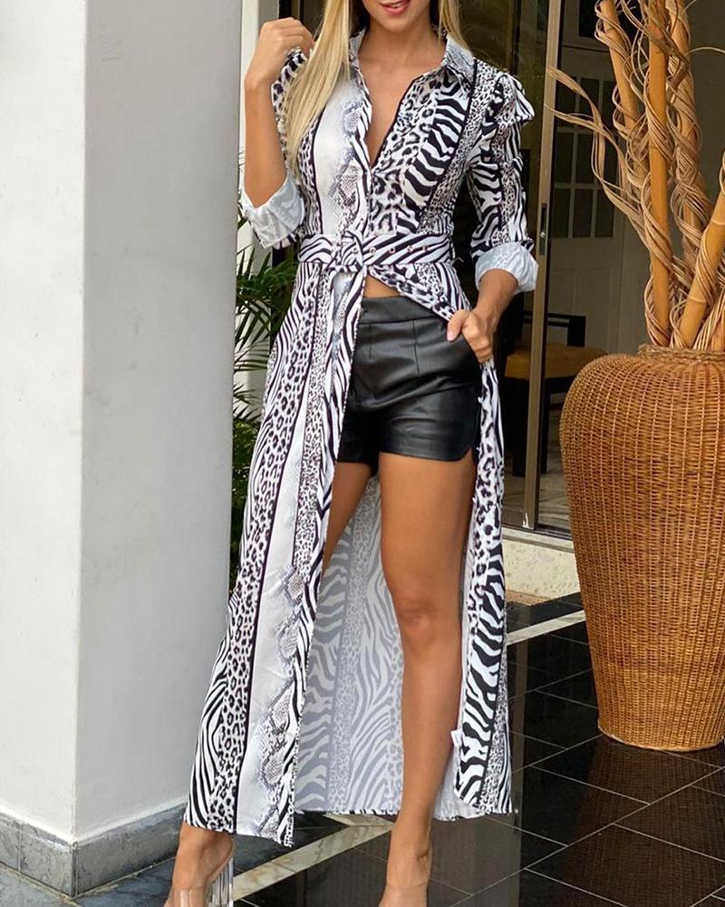 

Animal Print Button Design Maxi Women Shirt Dress With Belt, White
