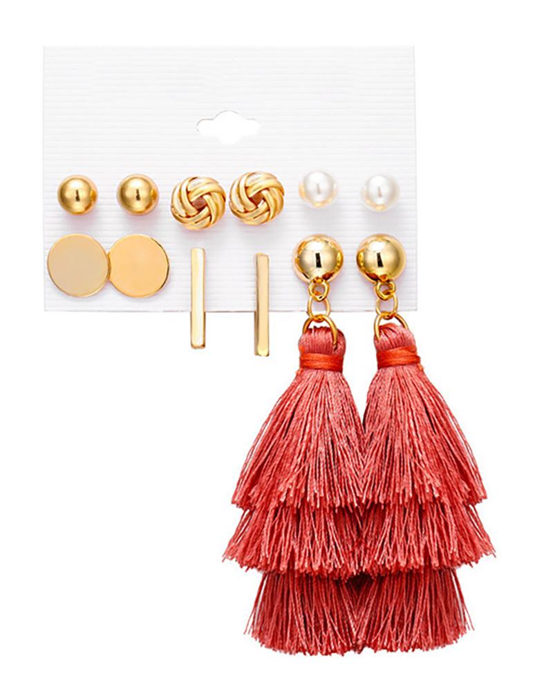 

6 Pairs Beaded Hoop Tassel Ear Cuff Earring Set, Style3