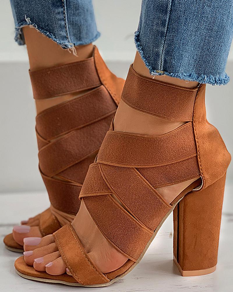 

Strappy Open Toe Chunky Heels, Brown