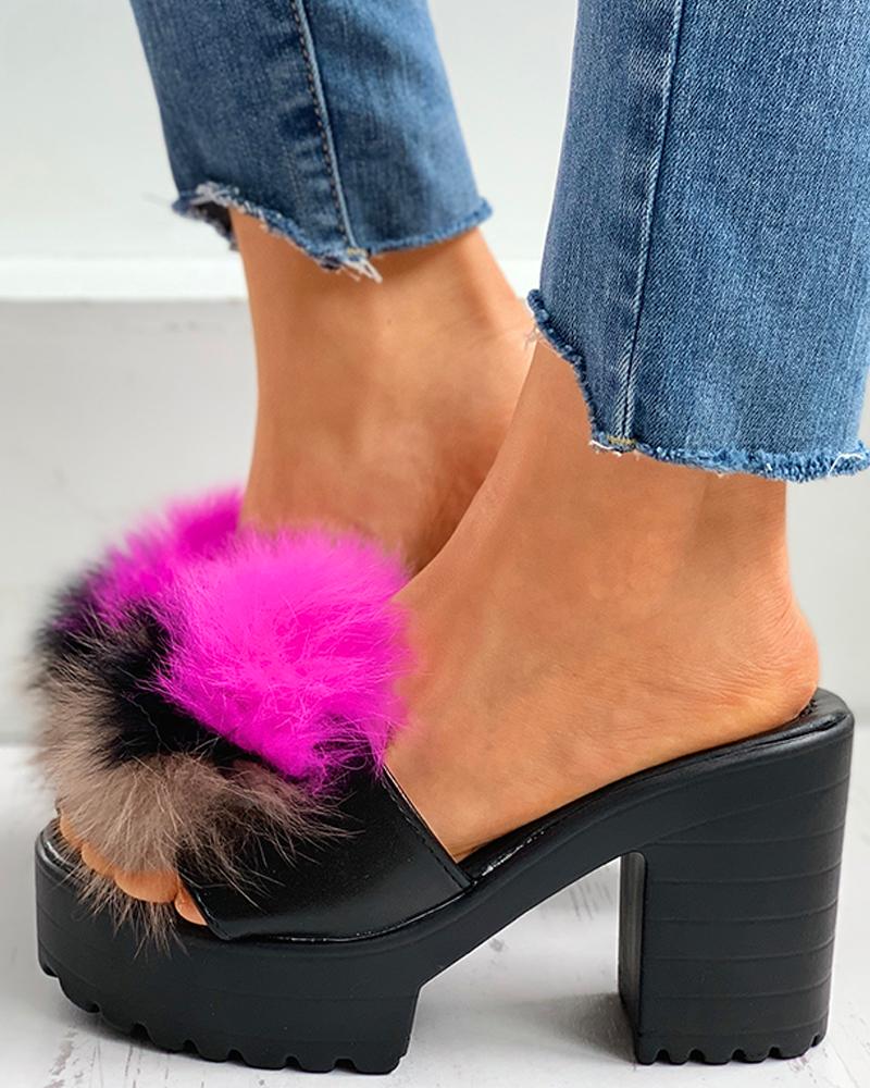 

Fluffy Colorblock Peep Toe Chunky Heels, Black