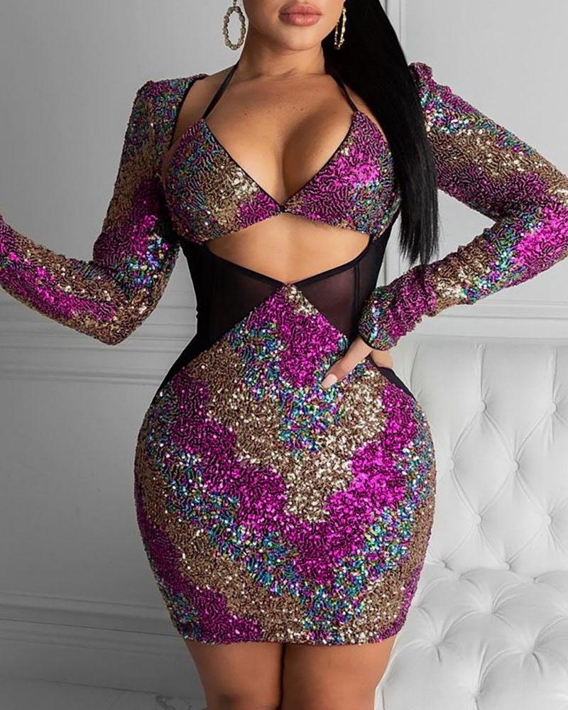 

Colorblock Cutout Sheer Mesh Sequins Bodycon Dress, Purple