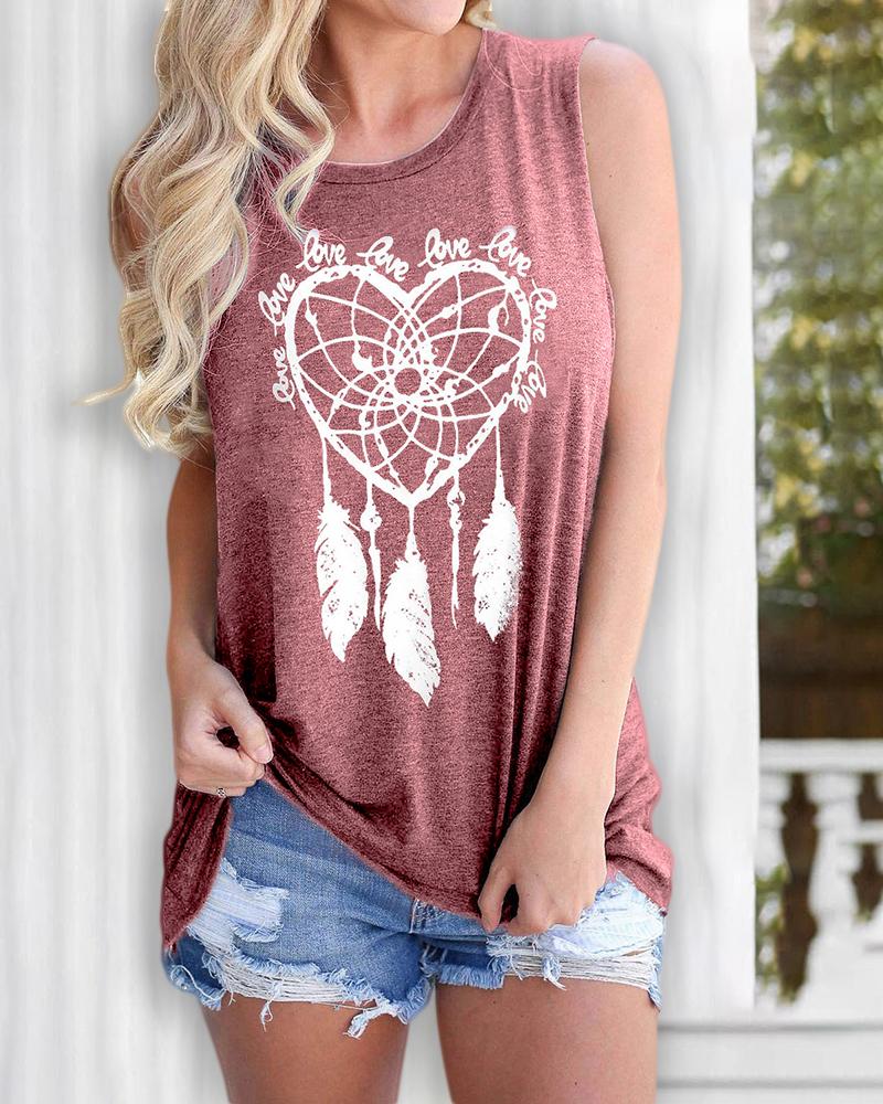 

Feather Print Casual Tank Top, Pink