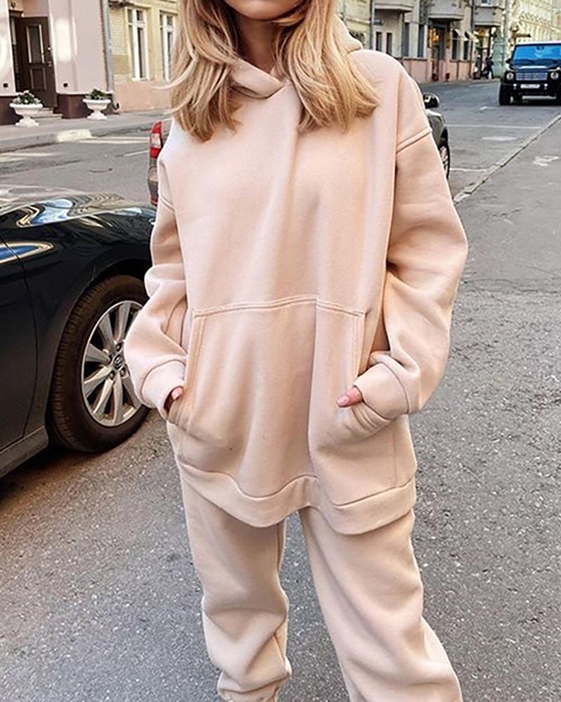 

Pocket Design Hooded Women Top & Pants Set, Apricot