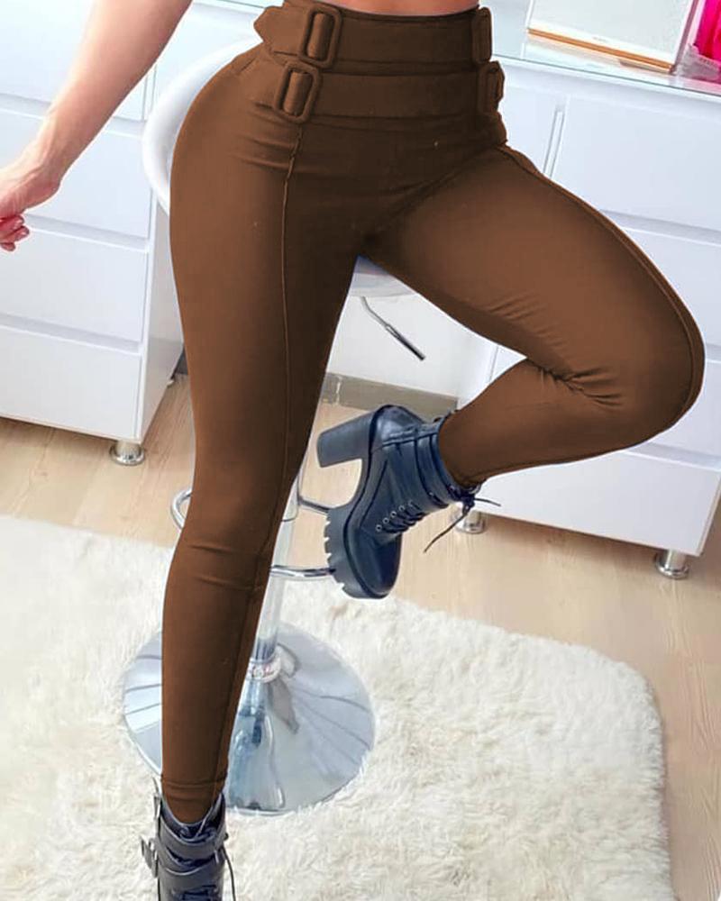 

High Waist Seam Front Buckled Skinny Pants, Brown