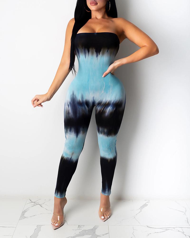 

Tie Dye Print Bandeau Sleeveless Jumpsuit, Blue