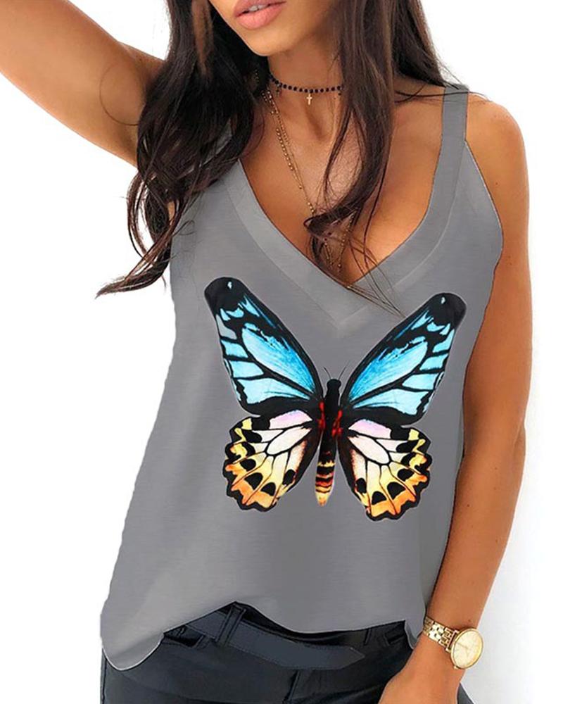 

Buttefly Print V Neck Tank Top, Gray