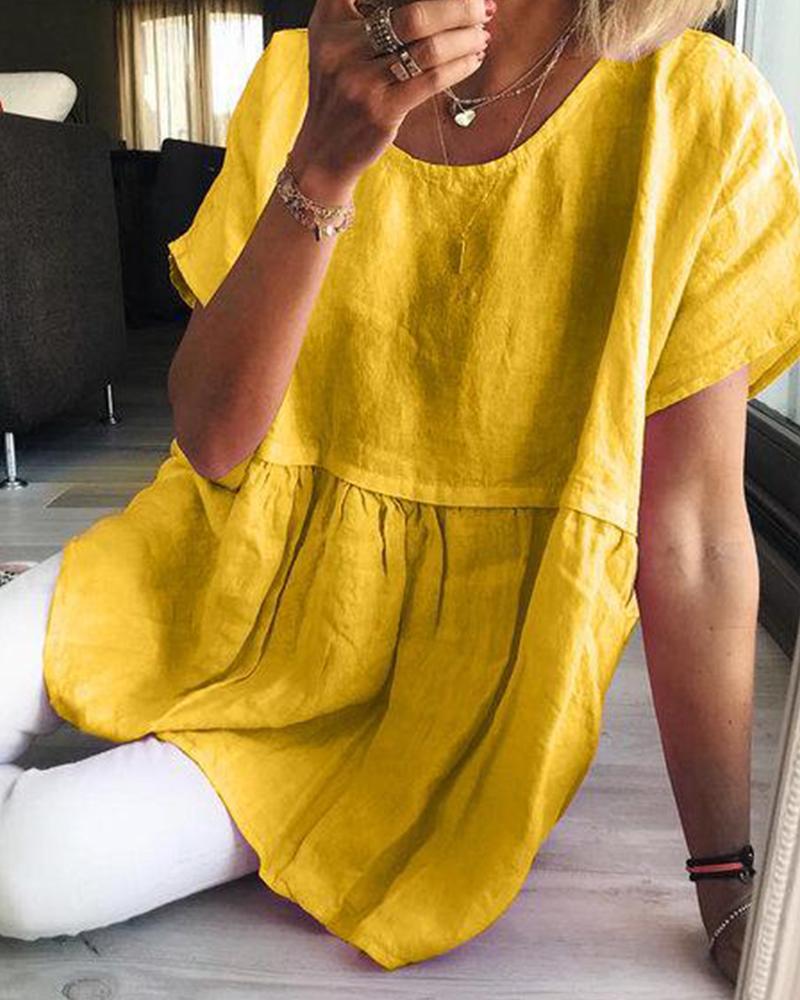 

Solid Linen Tiered Casual Women Dress, Yellow