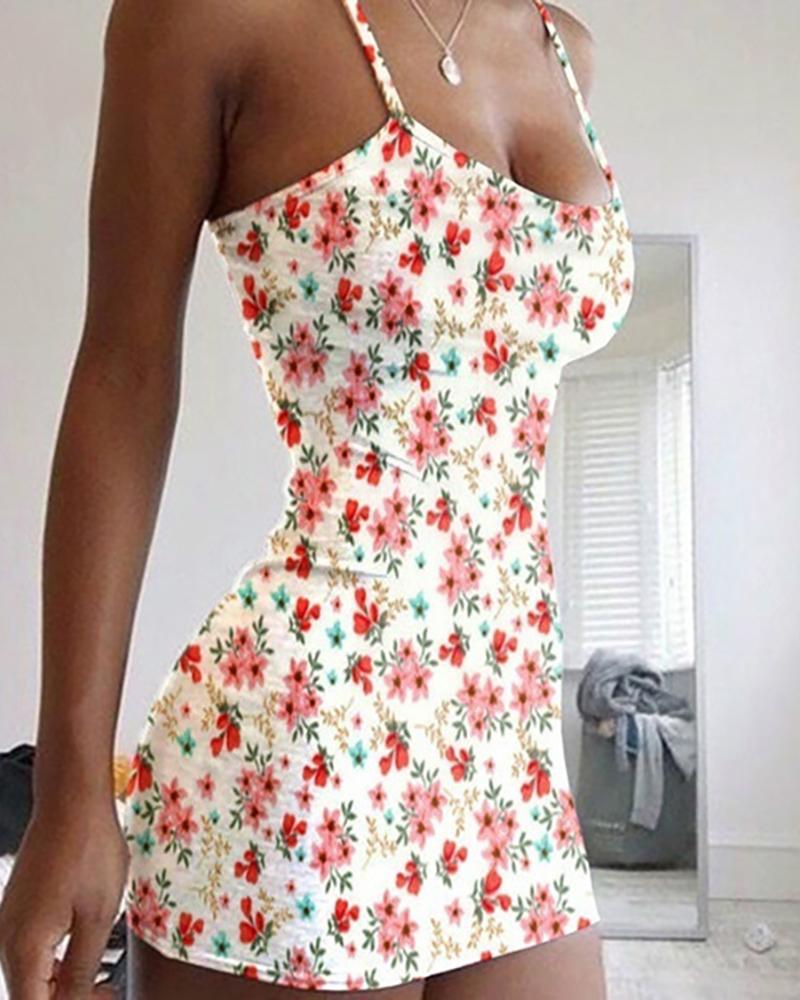 

Floral Print Spaghetti Strap Mini Women Dress, White