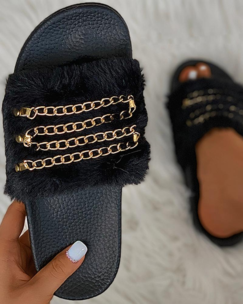

Chain Strap Fluffy Slippers, Black