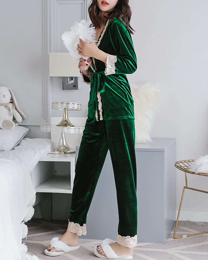 

3PCS Lace Trim Velvet Pajamas Set, Green