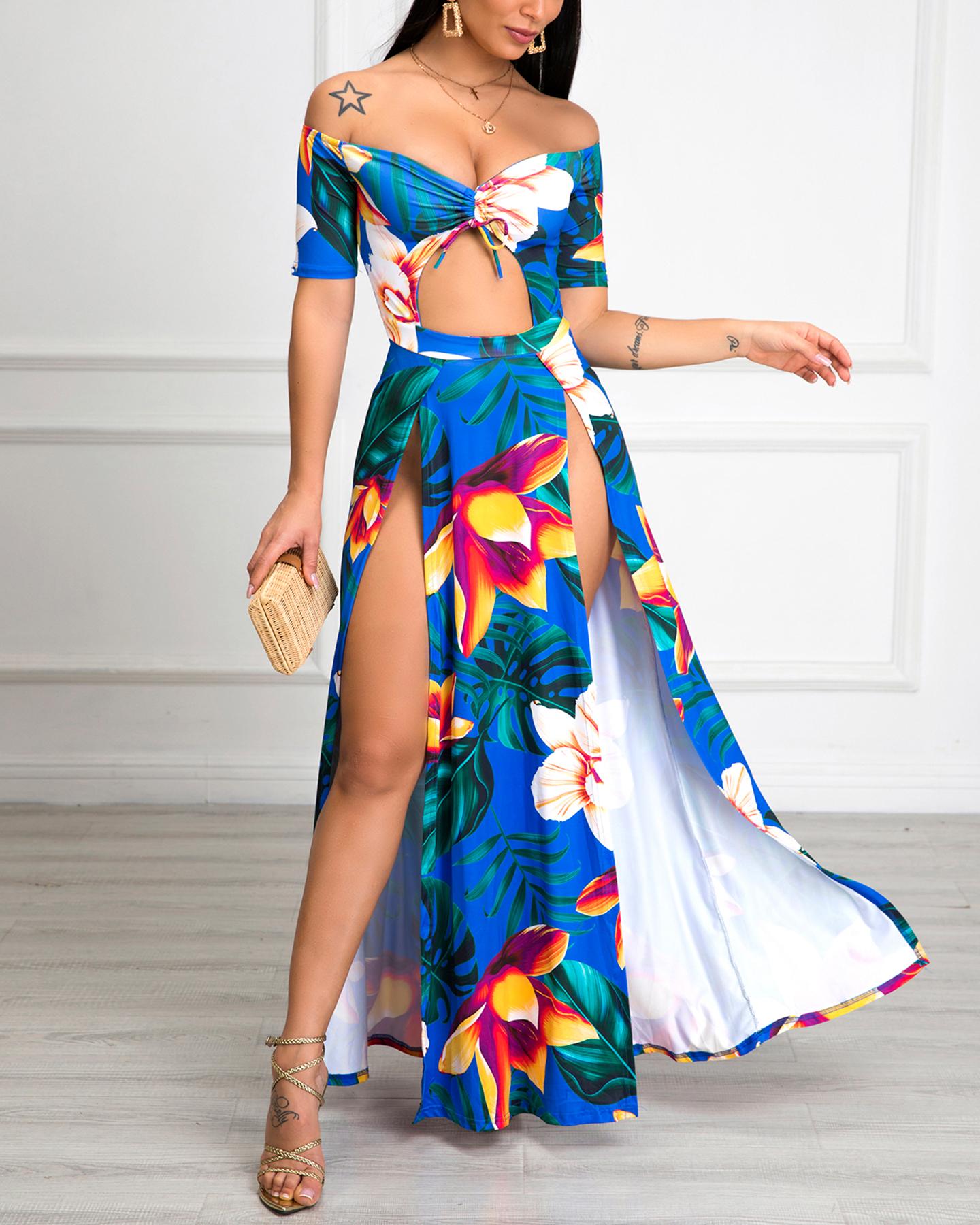 

Off Shoulder Floral High Slit Maxi Dress, Blue