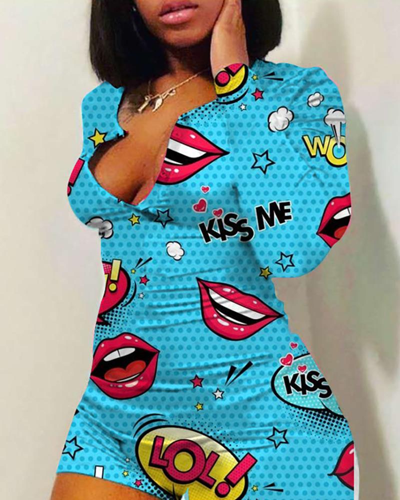 

Lip Cartoon Print Plunge Romper, Blue