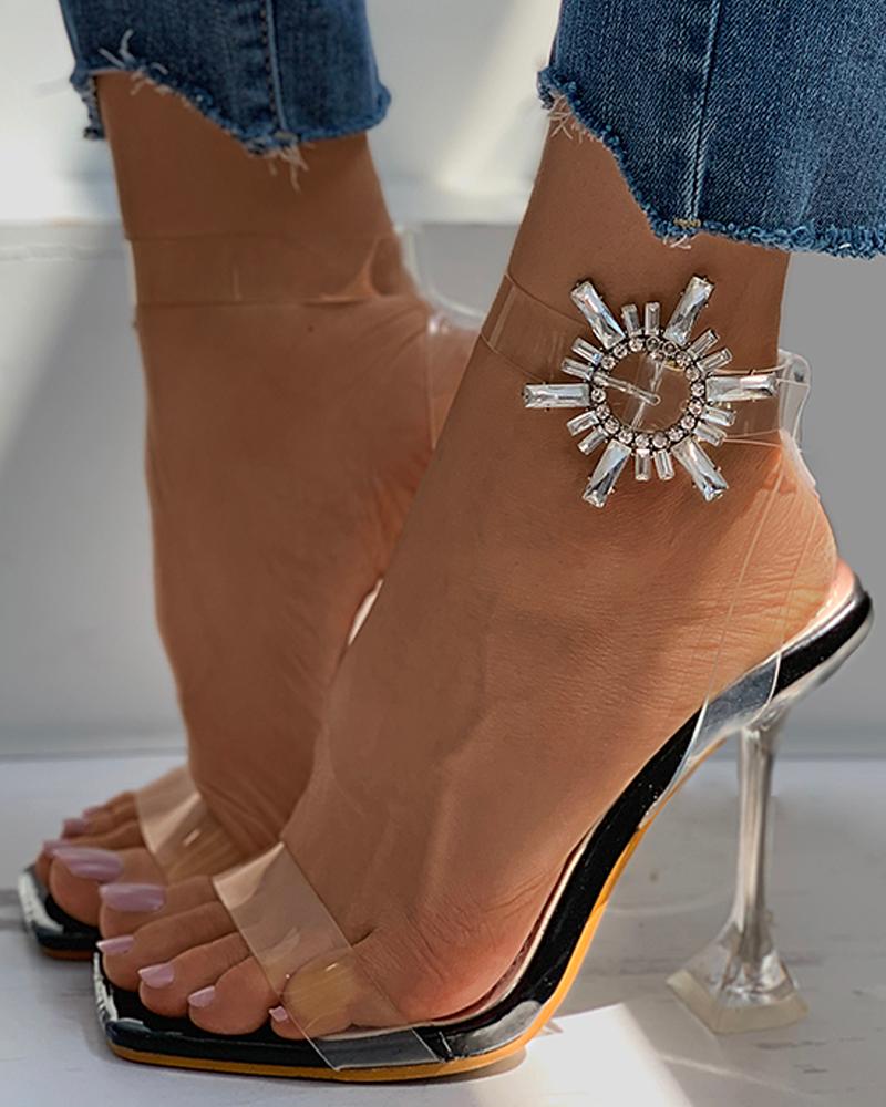 

Clear Perspex Sun Pattern Studded Pyramid Heels, Black