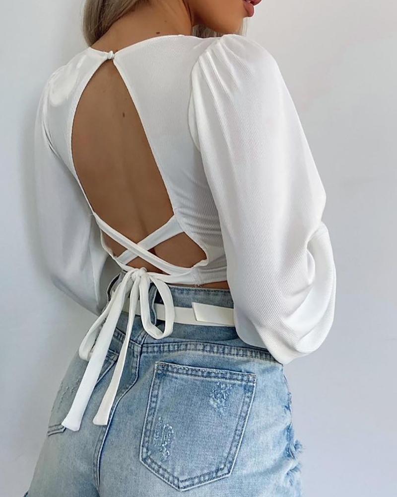 

Plain Long Sleeve Plunge Strappy Back Top, White