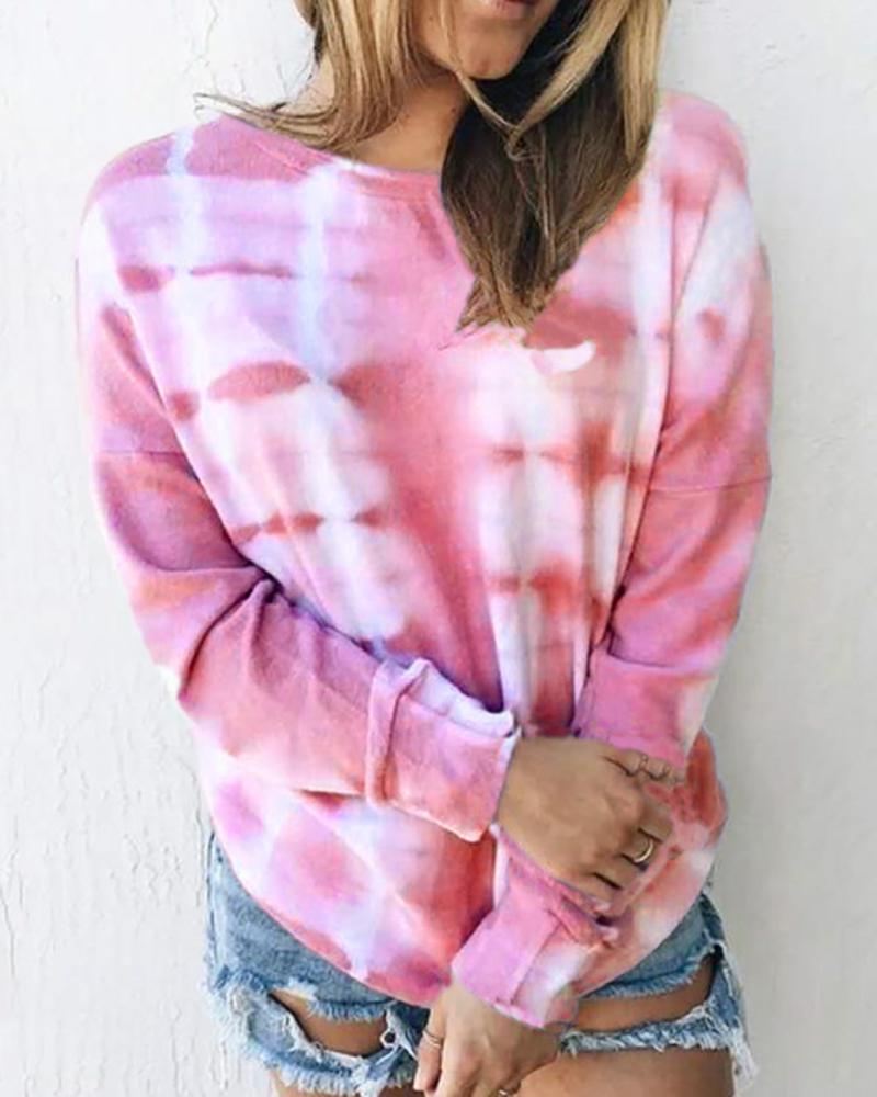 

Tie Dye Print Long Sleeve Casual Sweatshirt, Hot pink