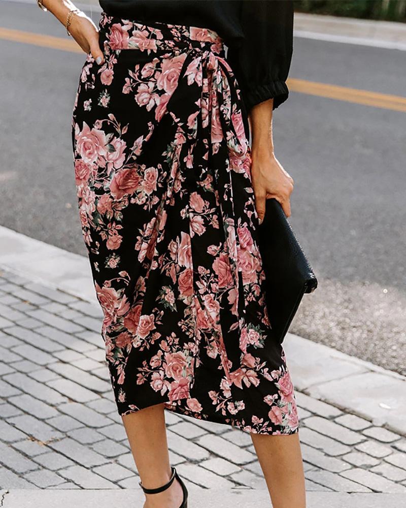

Floral Print Ruched Slit Wrap Midi Skirt, Black
