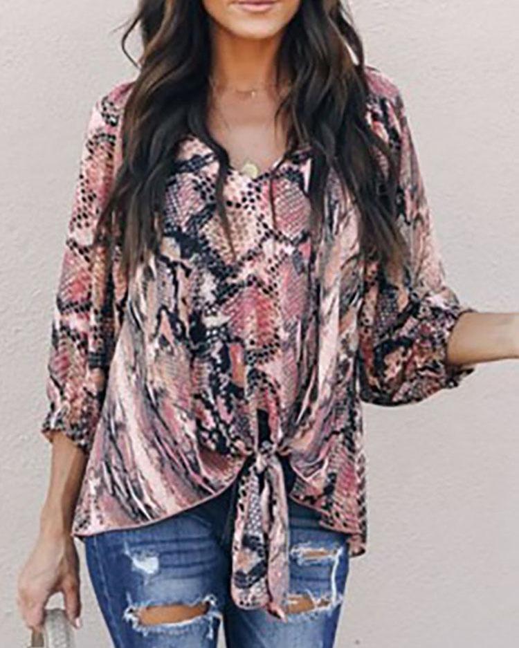 V-Neck Snake Print Tied Front Top