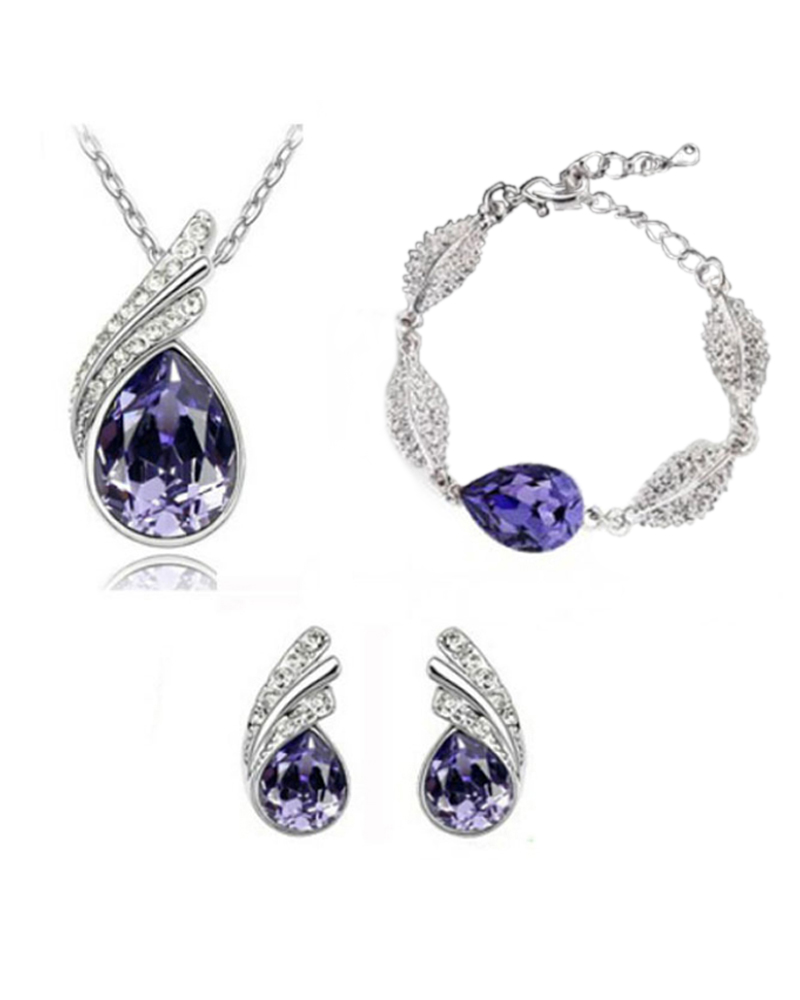

4PCS Teardrops Stud Pendant Necklace & Earrings & Bracelet Set, Dark purple