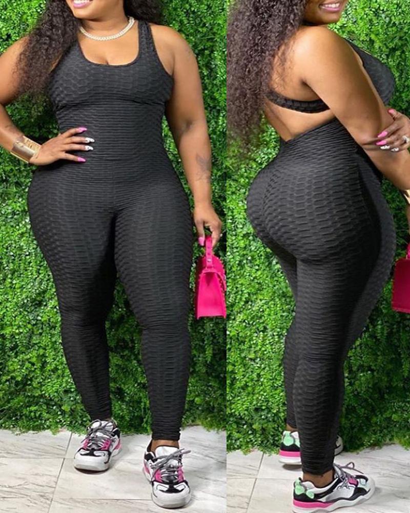 

Plus Size Crisscross Backless Textued Butt Lifting Yoga Jumpsuit, Black