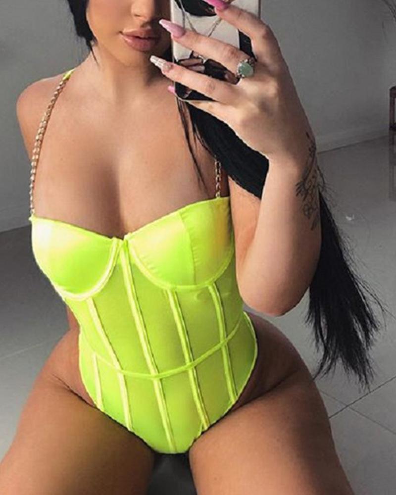

Solid Chain Backless Bodysuit, Green