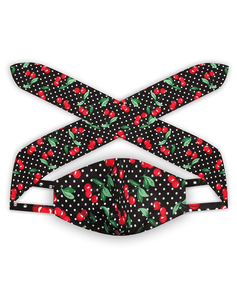 

Cherry Polkadot Print Hairband Breathable Face Mask, Black