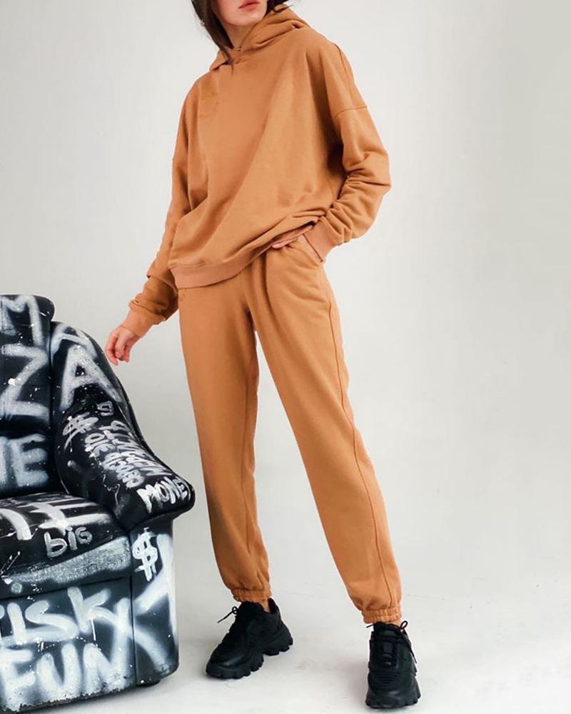 

Letter Pattern Velvet Hooded Top & Pants Set, Coffee