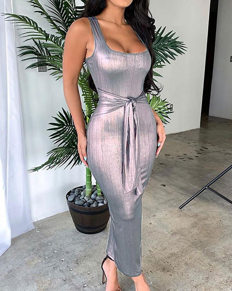 

Plain Thick Strap Tie Detail Ribbed Maxi Dress, Silver