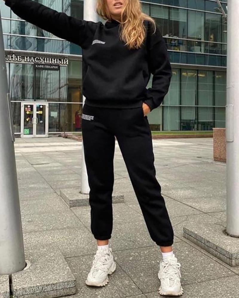 

Letter Print Long Sleeve Hooded Women Top & Pocket Design Pants Set, Black