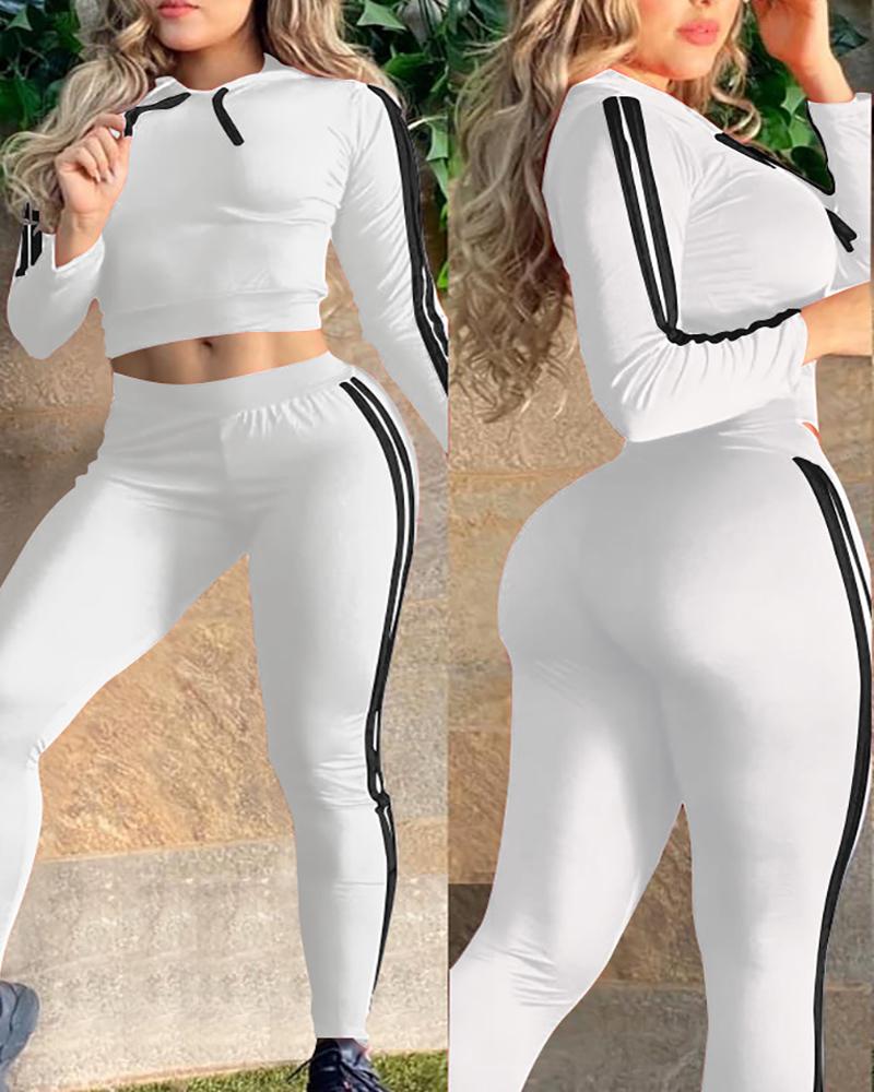 

Striped Tape Colorblock Hooded Top & Pants Set, White