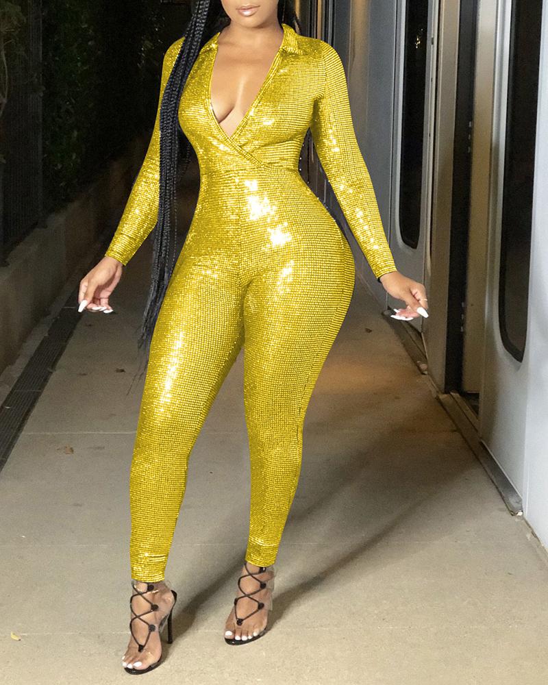 

Glitter Plunge Long Sleeve Fitted Jumpsuit, Yellow