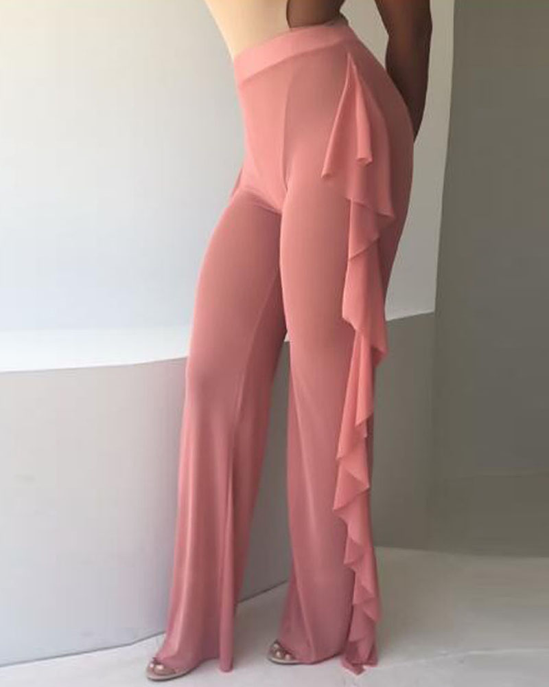 

Mesh Ruffle Hem Design Long Pants, Pink