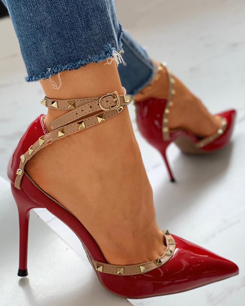 

Rivet Pointed Toe Ankle Strap Stiletto Heel, Red